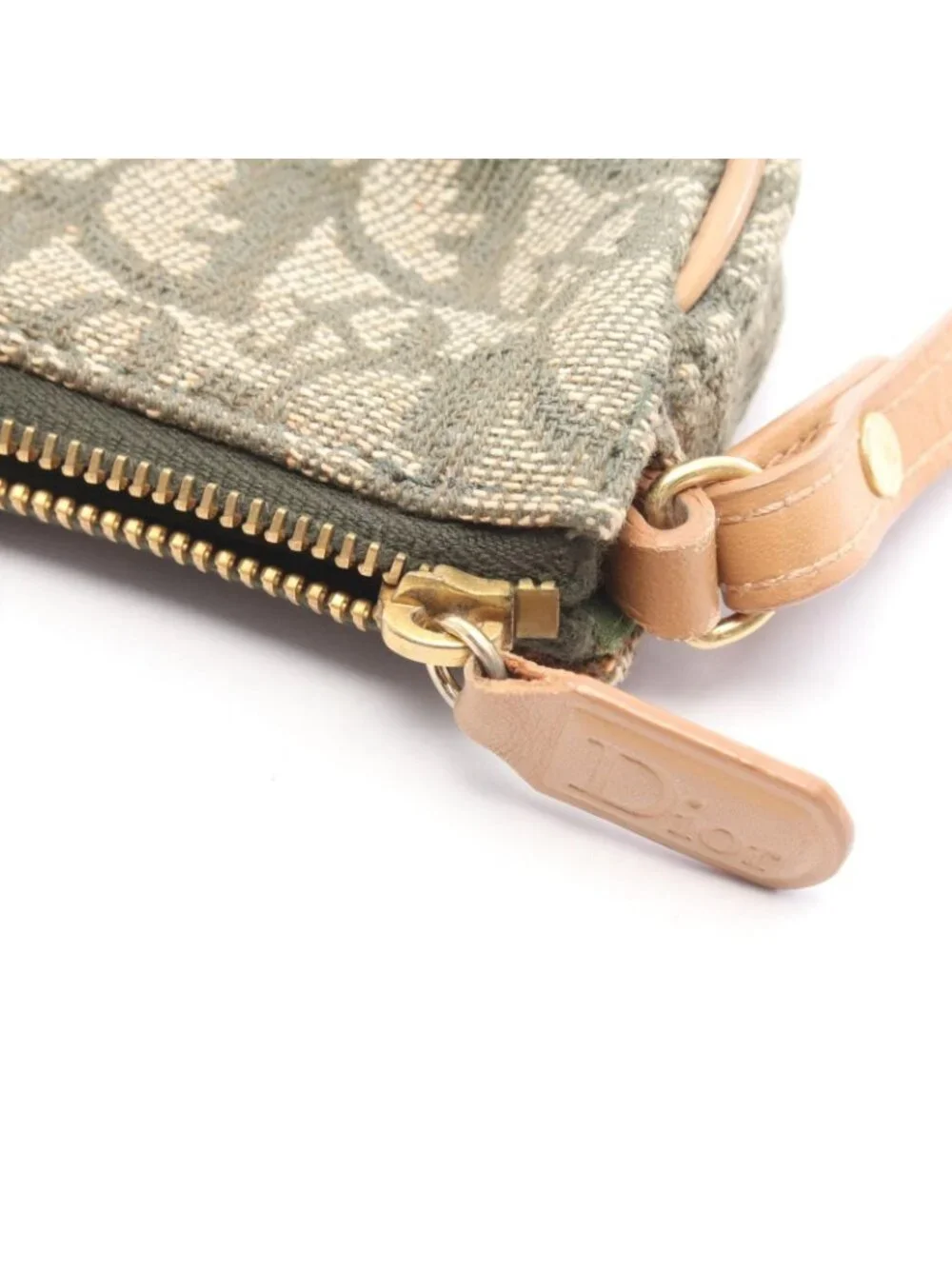 Dior Handbag Trotter Saddle Pouch Green Beige Ivory Canvas Leather
